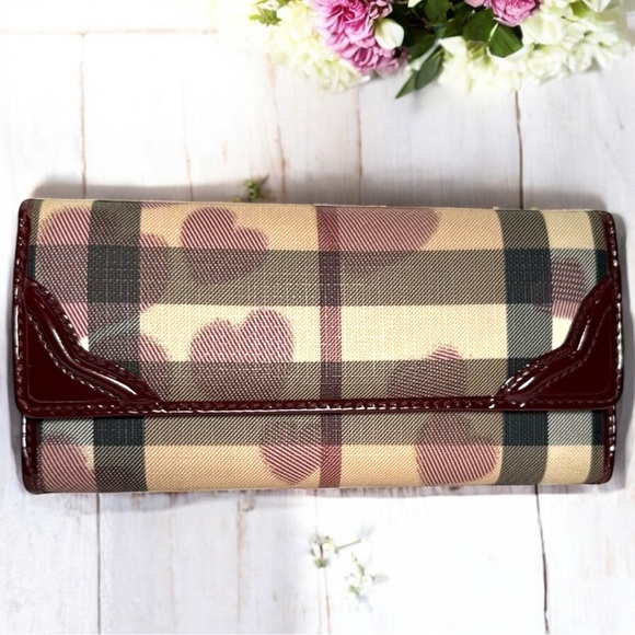 Burberry Handbags - BURBERRY Supernova Heart Check Wallet Berry Red